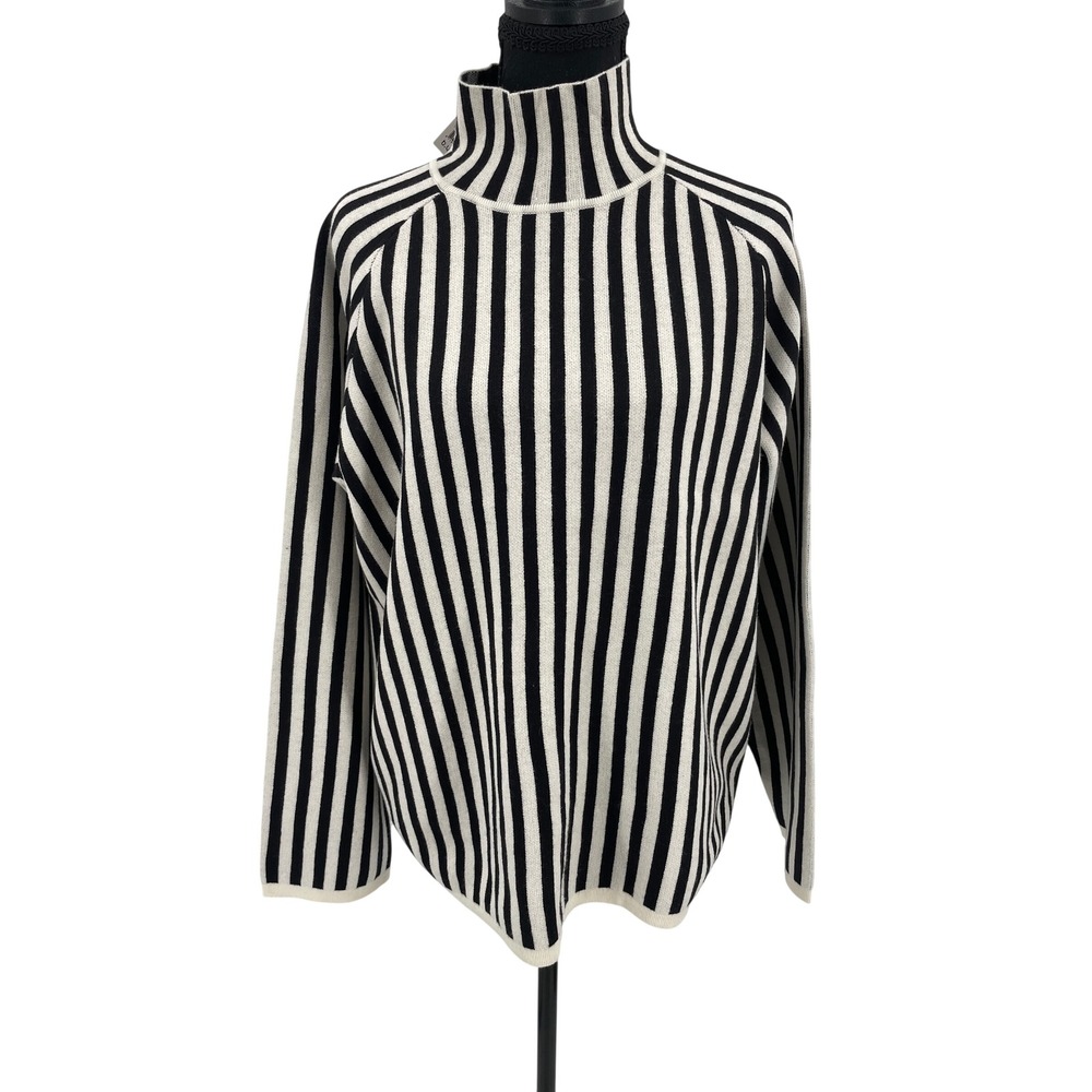 b.young Byotari Rollneck Jumper Womens M Black White Viscose Stripe Mock Sweater